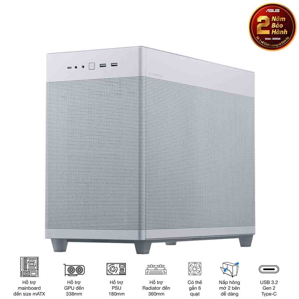Vỏ Case Mini MicroATX ASUS Prime AP201 MESH TG WHITE (Matx / USB C/ Mặt Kính)