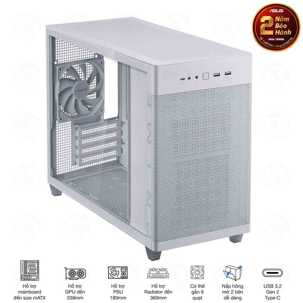 Vỏ Case Mini MicroATX ASUS Prime AP201 MESH TG WHITE (Matx / USB C/ Mặt Kính)