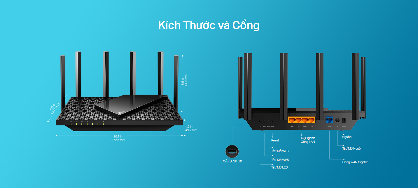 Bộ phát wifi 6 TP-Link Archer AX72 (Chuẩn AX/ AX5400Mbps/ 6 Ăng-ten ngoài/ Wifi Mesh/ Dưới 100 User)